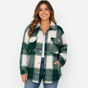 BOUTIKOME Women’s Green Plaid Shacket Jacket Medium Wool Blend Button